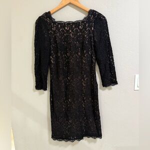 Adrianna Papell Black Lace Sheath Dress with Nude Lining, Size 8